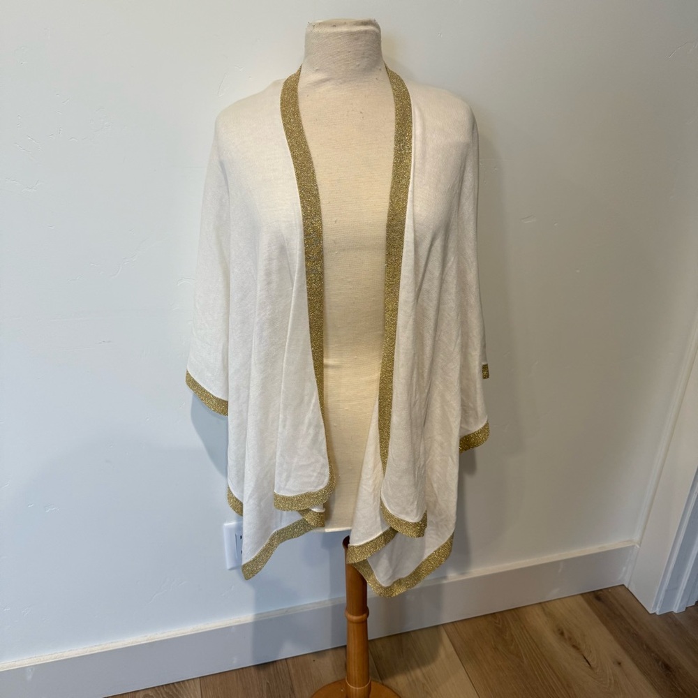 Lauren Ralph Lauren White Shawl Gold Trim One Size Classy Evening Event Holiday